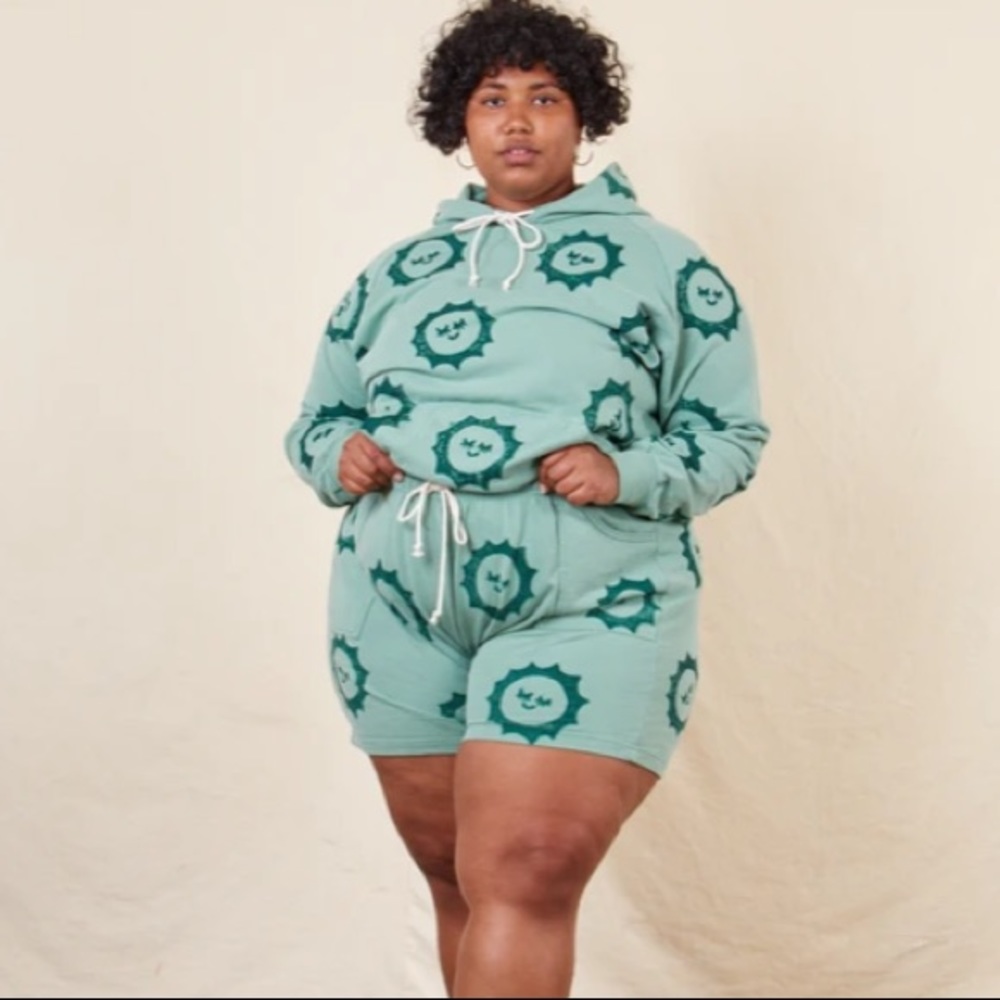 XXXXXL 5XL sun baby stamp on sage green sweat lightweight shorts. Big bud press.